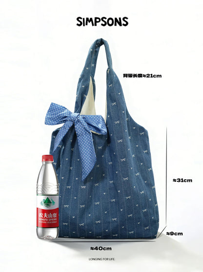SIMS Original Bow Embroidery Spring/Summer Canvas Tote Bag for Women, Large Capacity, Commuter/Student Shoulder Handbag