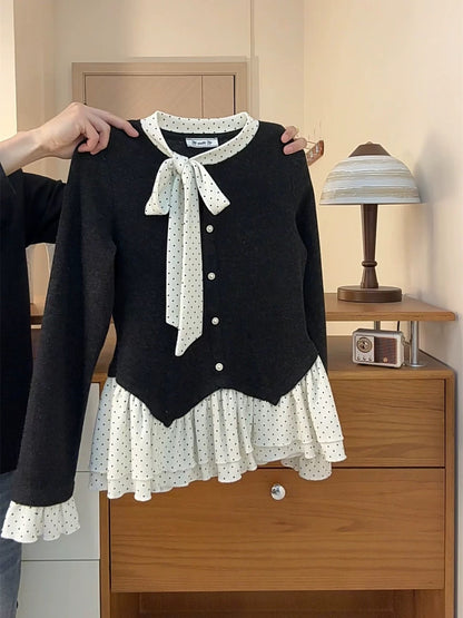 Korean style, tie-up round neck, thickened long sleeves, polka dot ruffled V-neck, spliced hem, faux two-piece spring new style.
