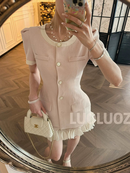 LUOLUOZ [Sunset Coast] High-end temperament beautiful contrast color top + half-length skirt two-piece set JF735