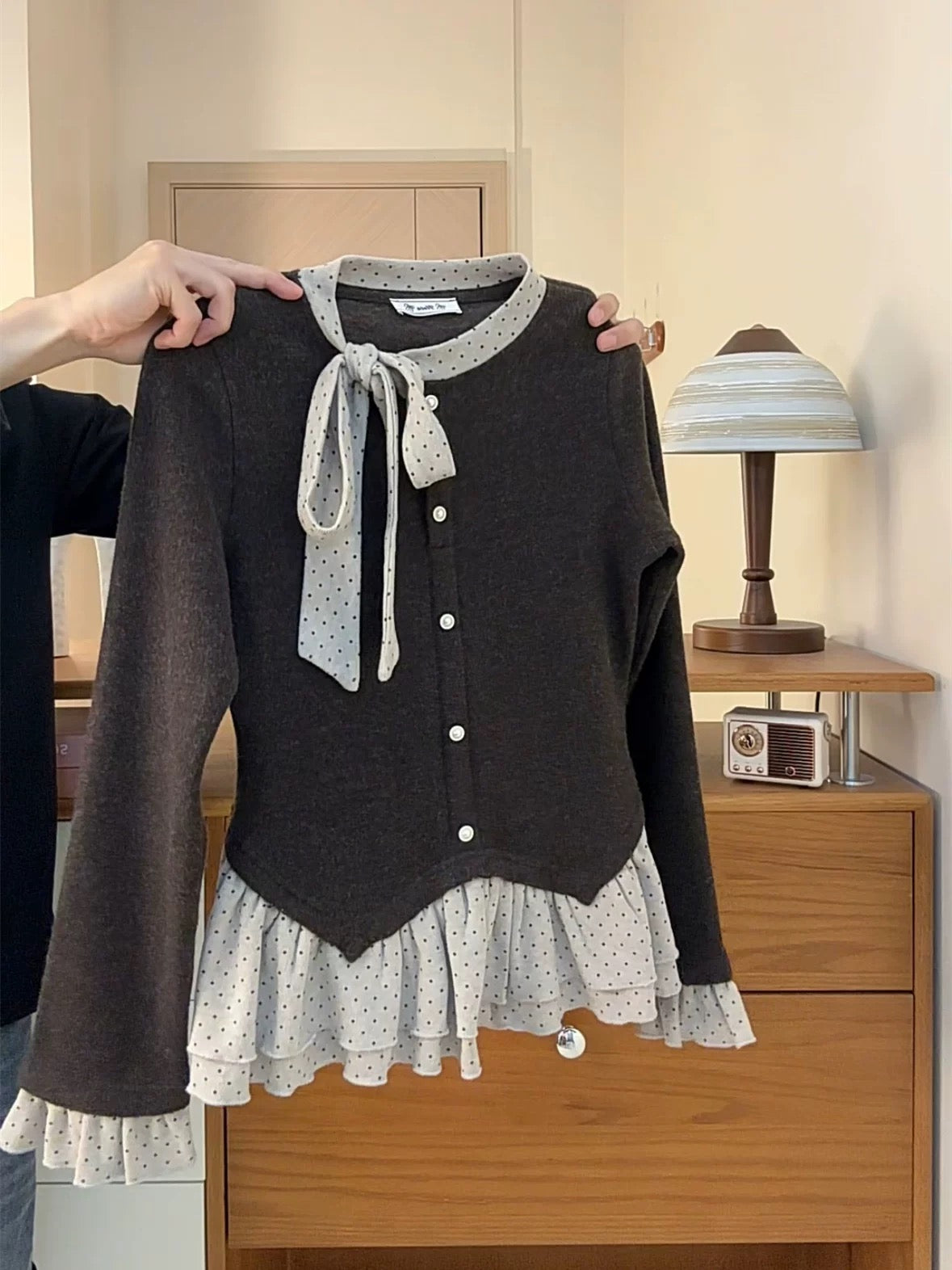 Korean style, tie-up round neck, thickened long sleeves, polka dot ruffled V-neck, spliced hem, faux two-piece spring new style.