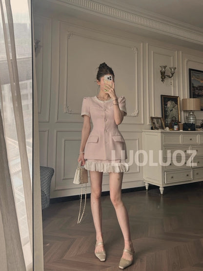 LUOLUOZ [Sunset Coast] High-end temperament beautiful contrast color top + half-length skirt two-piece set JF735