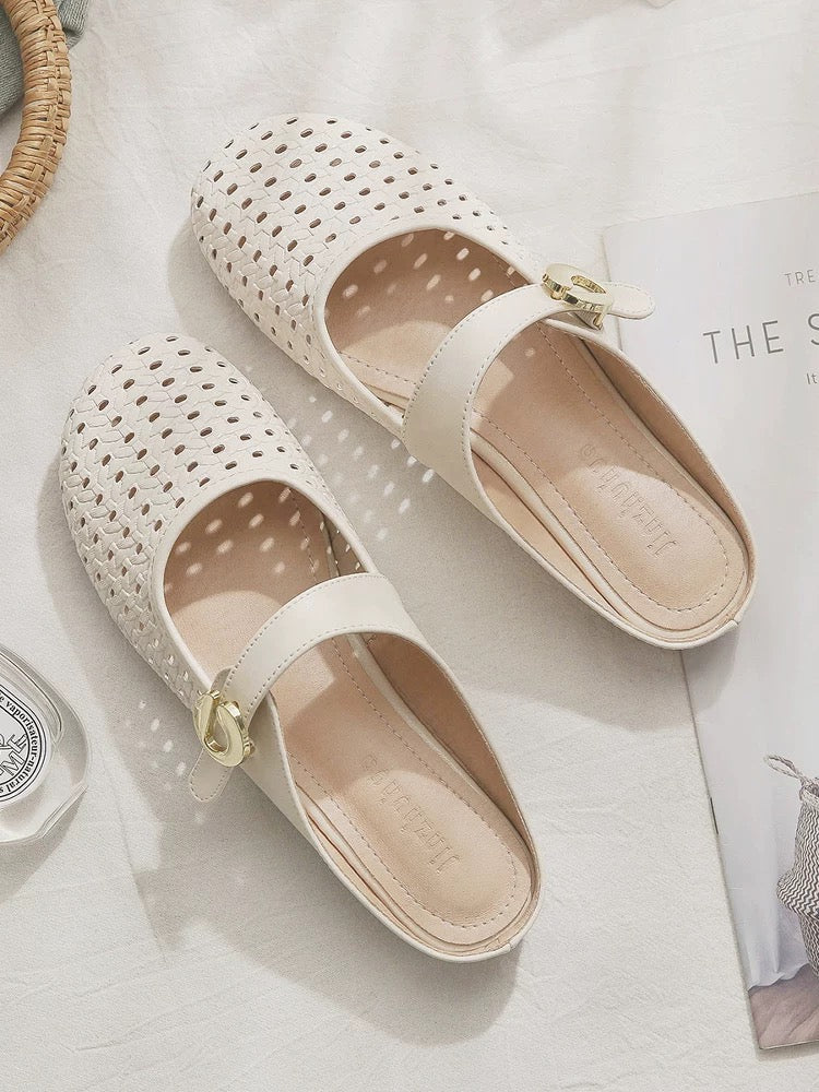 Sheepskin version~ One-step lazy hollow French style flat-bottomed half-slippers with skirt for women to wear outside in summer
