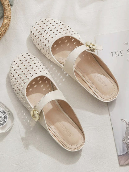 Sheepskin version~ One-step lazy hollow French style flat-bottomed half-slippers with skirt for women to wear outside in summer