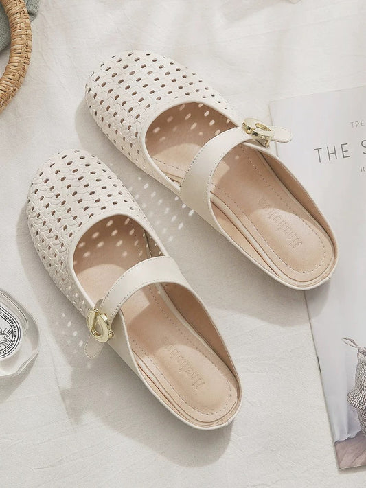 Sheepskin version~ One-step lazy hollow French style flat-bottomed half-slippers with skirt for women to wear outside in summer