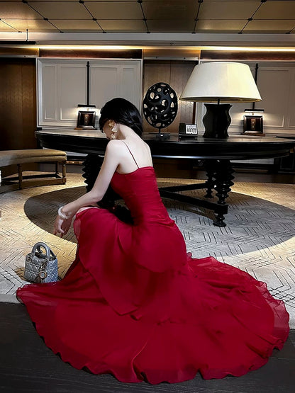 Good Job [Blooming Flowers on the Other Side] Designed waist-cinching ruffled large skirt dress with holiday style long skirt