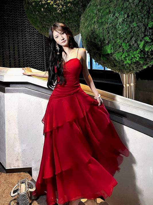 Good Job [Blooming Flowers on the Other Side] Designed waist-cinching ruffled large skirt dress with holiday style long skirt
