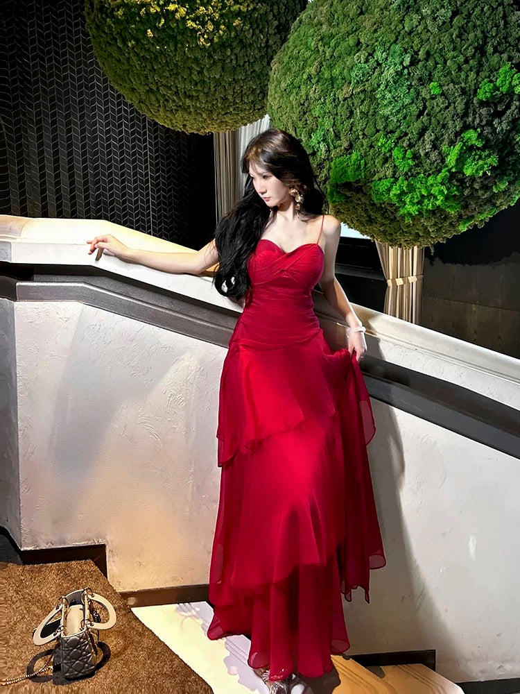 Good Job [Blooming Flowers on the Other Side] Designed waist-cinching ruffled large skirt dress with holiday style long skirt