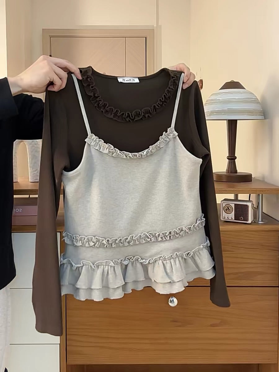 French ballet style ruffled round neck thick long sleeve women's double-layer ruffled hem suspender faux two-piece front shoulder T-shirt
