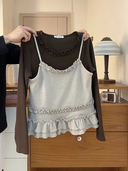 French ballet style ruffled round neck thick long sleeve women's double-layer ruffled hem suspender faux two-piece front shoulder T-shirt