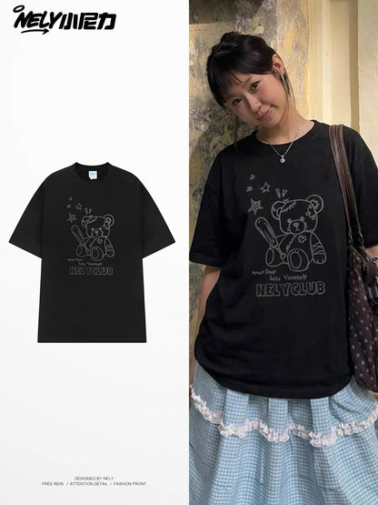 Unisex Loose-Fit Casual Crew-Neck T-Shirt with Baseball Bear Letter Print – Simple, Versatile Basic Short-Sleeve Top