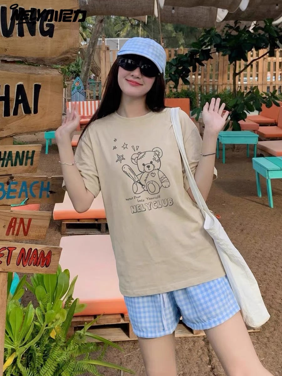 Unisex Loose-Fit Casual Crew-Neck T-Shirt with Baseball Bear Letter Print – Simple, Versatile Basic Short-Sleeve Top