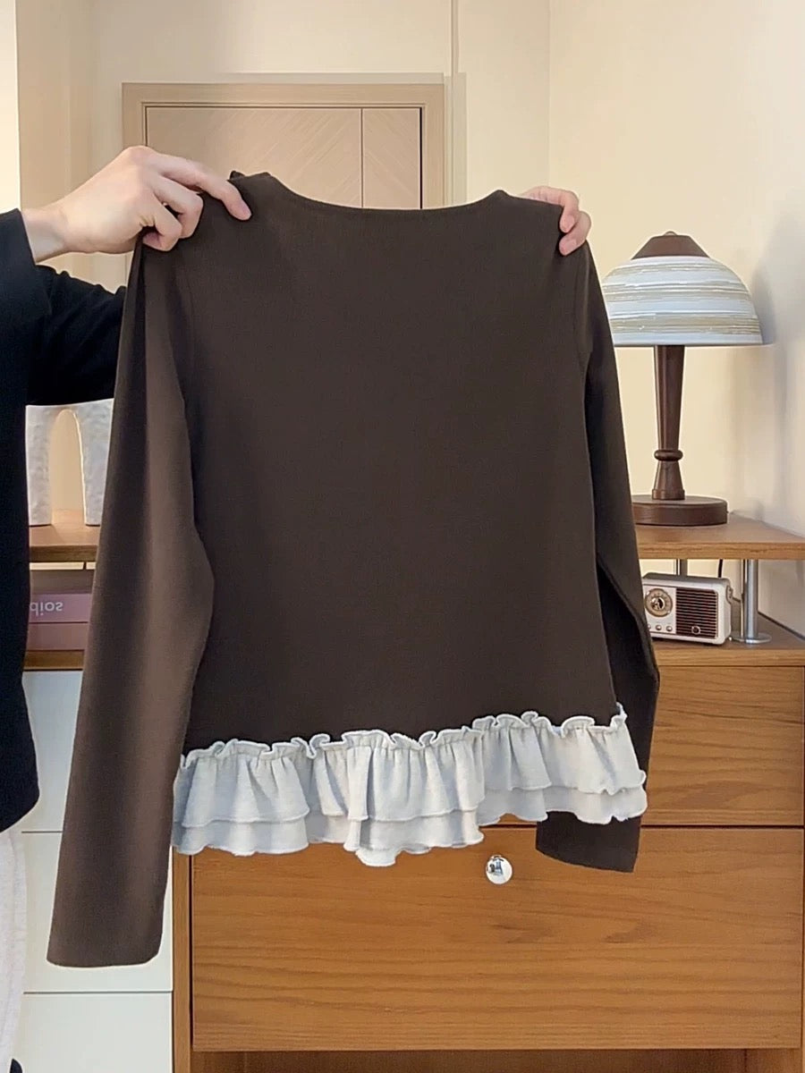 French ballet style ruffled round neck thick long sleeve women's double-layer ruffled hem suspender faux two-piece front shoulder T-shirt