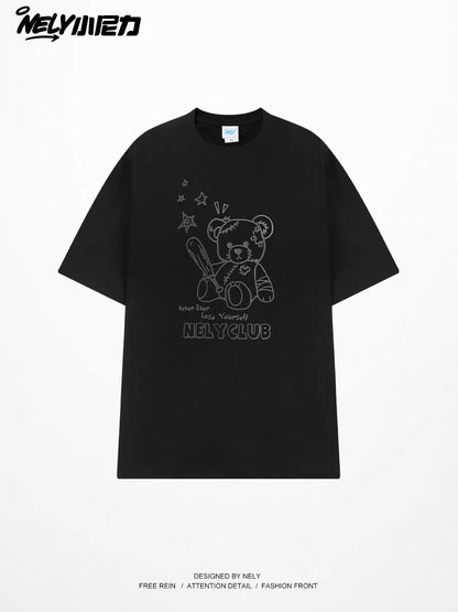 Unisex Loose-Fit Casual Crew-Neck T-Shirt with Baseball Bear Letter Print – Simple, Versatile Basic Short-Sleeve Top