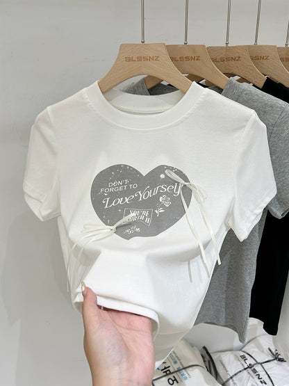 Pure cotton printed gray right shoulder short-sleeved T-shirt for women summer 2024 new design bow slim fit trendy top