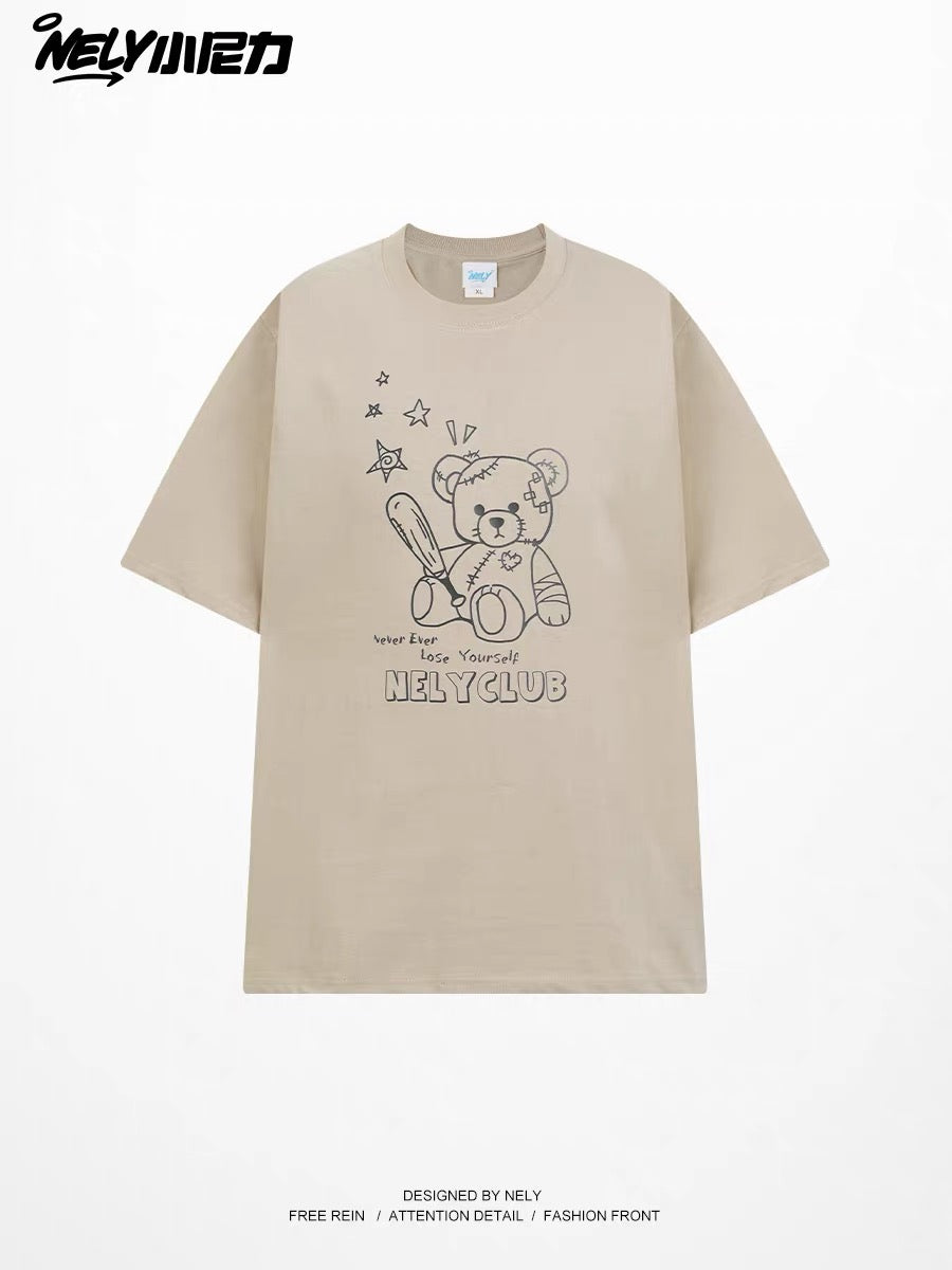 Unisex Loose-Fit Casual Crew-Neck T-Shirt with Baseball Bear Letter Print – Simple, Versatile Basic Short-Sleeve Top