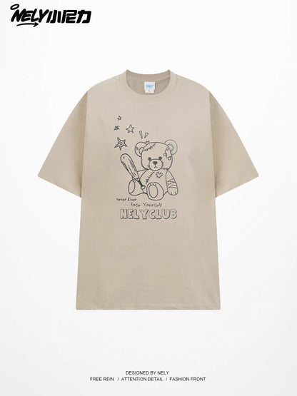 Unisex Loose-Fit Casual Crew-Neck T-Shirt with Baseball Bear Letter Print – Simple, Versatile Basic Short-Sleeve Top