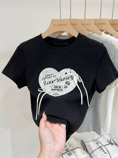 Pure cotton printed gray right shoulder short-sleeved T-shirt for women summer 2024 new design bow slim fit trendy top