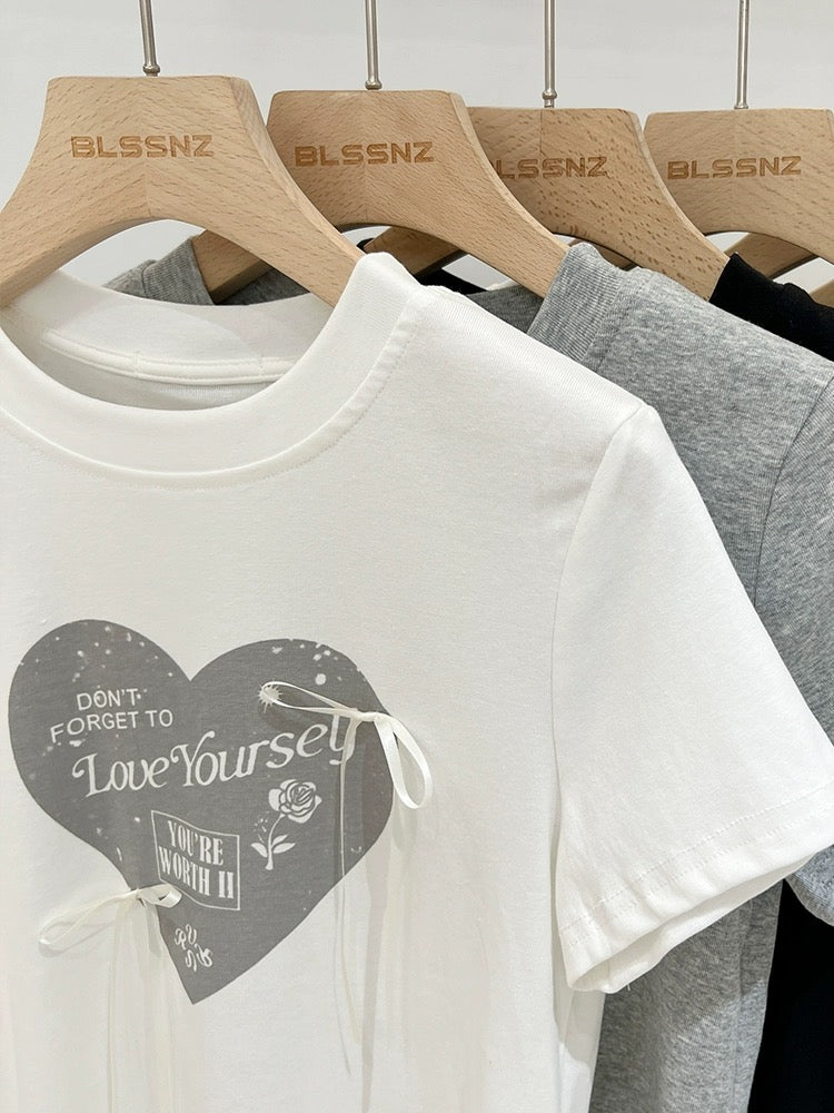 Pure cotton printed gray right shoulder short-sleeved T-shirt for women summer 2024 new design bow slim fit trendy top