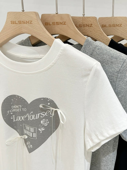 Pure cotton printed gray right shoulder short-sleeved T-shirt for women summer 2024 new design bow slim fit trendy top