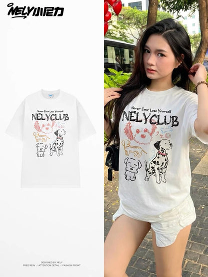 Unisex Loose-Fit Crew-Neck T-Shirt with Puppy & Letter Print – Casual, Versatile, and Flattering Basic Short-Sleeve Tee for Students