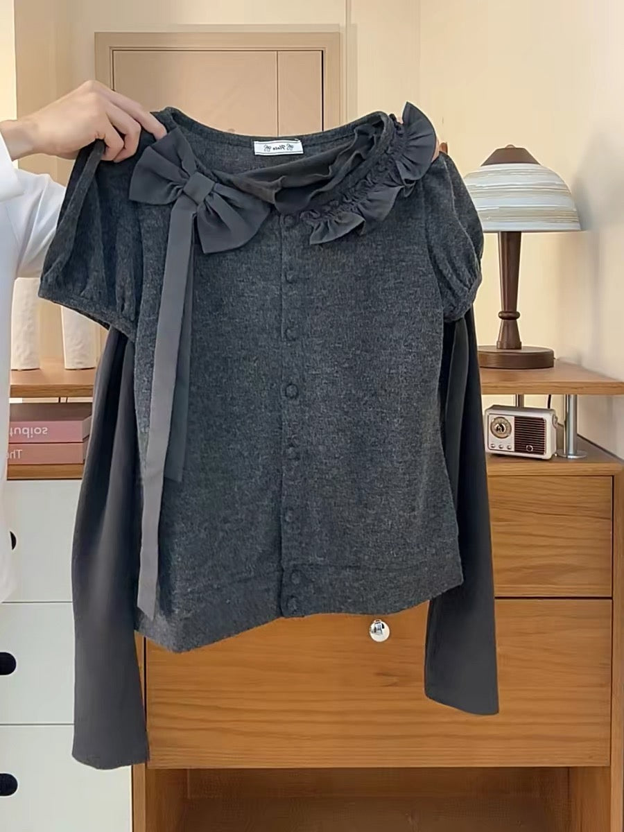 Unique bow-tie button round neck thickened brushed long sleeve women's unique patchwork faux two-piece semi-high neck inner layer top