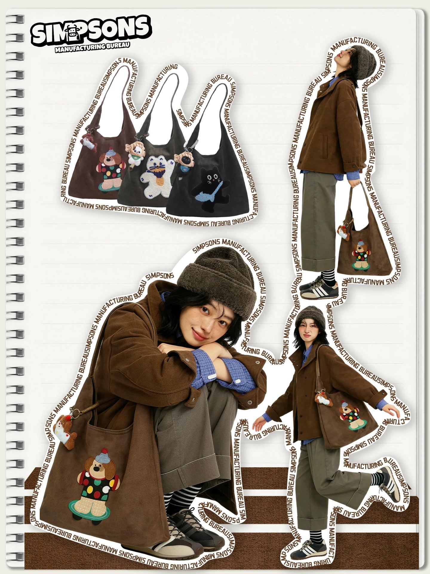 SIMS suede stylish and versatile travel/commuting bag, large capacity shoulder bag, tote bag with cute cartoon design and charm.