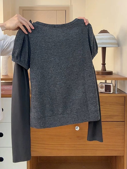 Unique bow-tie button round neck thickened brushed long sleeve women's unique patchwork faux two-piece semi-high neck inner layer top