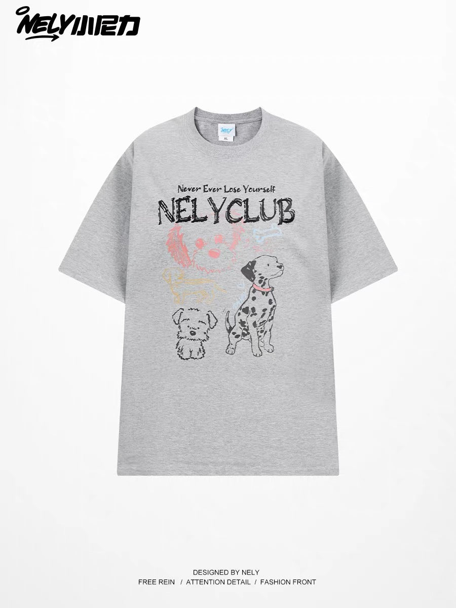 Unisex Loose-Fit Crew-Neck T-Shirt with Puppy & Letter Print – Casual, Versatile, and Flattering Basic Short-Sleeve Tee for Students