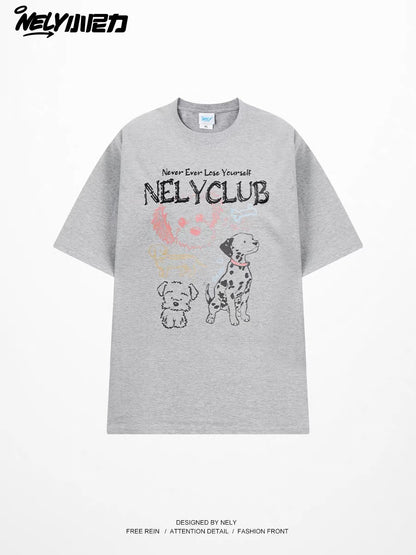 Unisex Loose-Fit Crew-Neck T-Shirt with Puppy & Letter Print – Casual, Versatile, and Flattering Basic Short-Sleeve Tee for Students