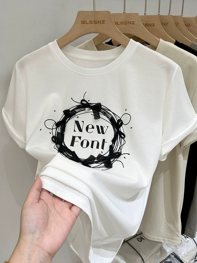 Apricot printed pure cotton right shoulder short-sleeved T-shirt for women summer 2024 new style bow loose short top T-shirt