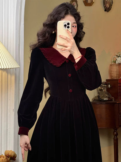 Mrs. Xiao's 2024 new women's autumn and winter French retro high-end wear black velvet dress for children