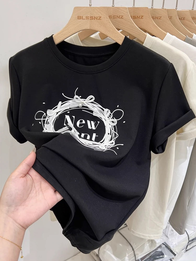 Apricot printed pure cotton right shoulder short-sleeved T-shirt for women summer 2024 new style bow loose short top T-shirt