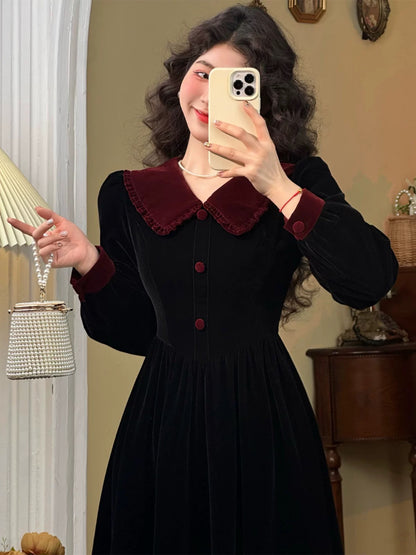 Mrs. Xiao's 2024 new women's autumn and winter French retro high-end wear black velvet dress for children