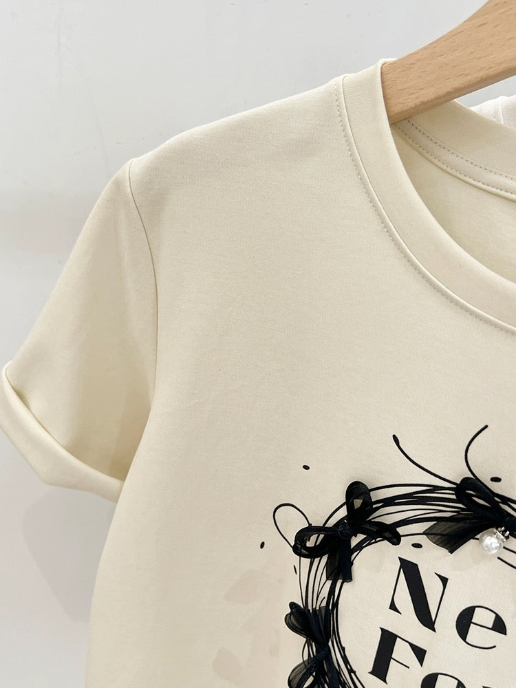 Apricot printed pure cotton right shoulder short-sleeved T-shirt for women summer 2024 new style bow loose short top T-shirt