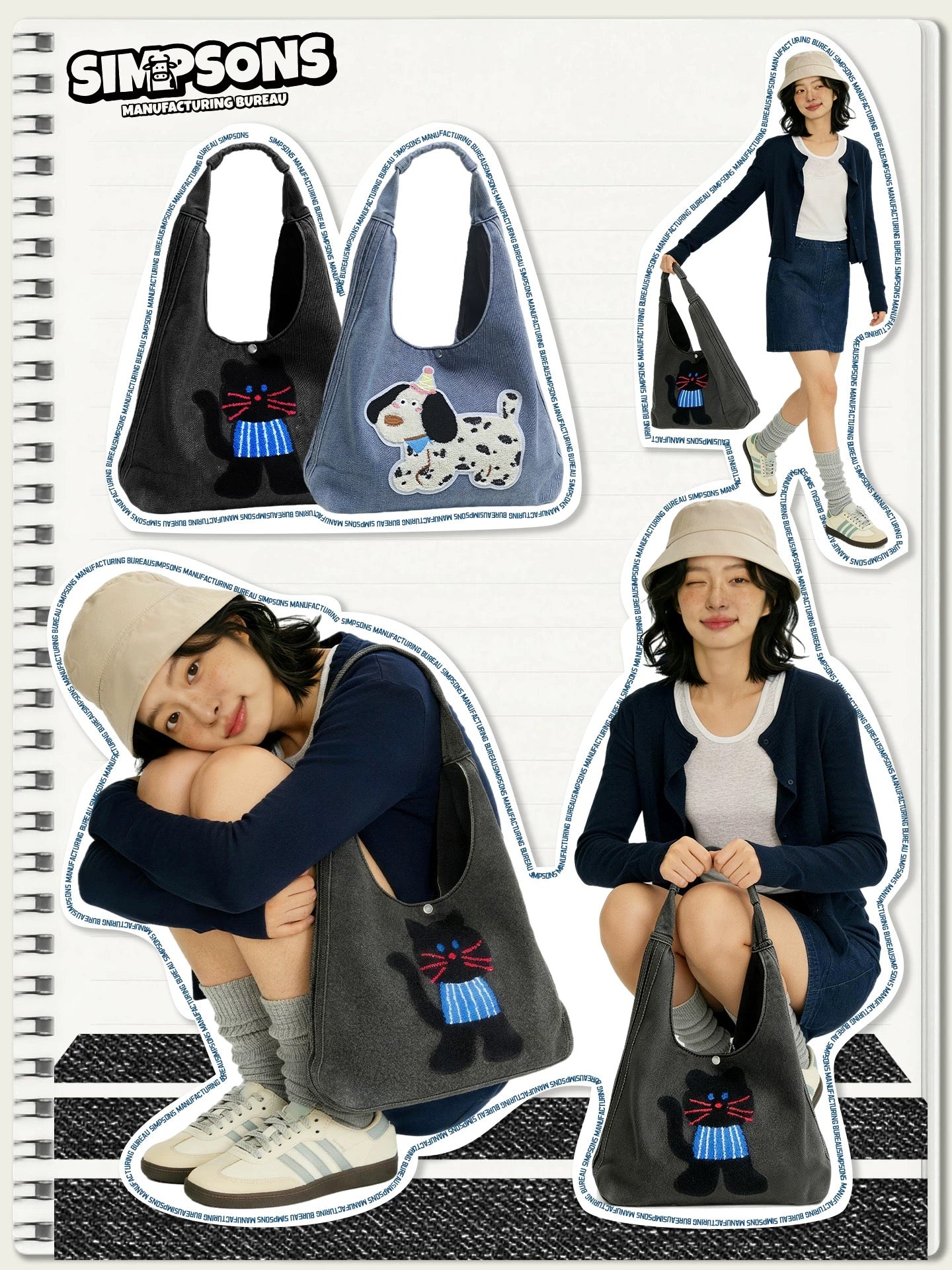 SIMP Spring/Summer Dark Denim Shoulder Bag with Cute Black Cat Design, Fun and Casual, Large Capacity Tote Bag