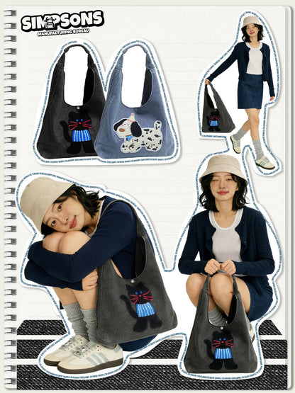 SIMP Spring/Summer Dark Denim Shoulder Bag with Cute Black Cat Design, Fun and Casual, Large Capacity Tote Bag