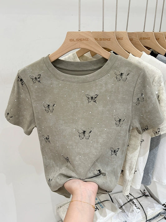 Butterfly print right shoulder short-sleeved T-shirt for women summer 2024 new design heavy industry hot diamond slim short top