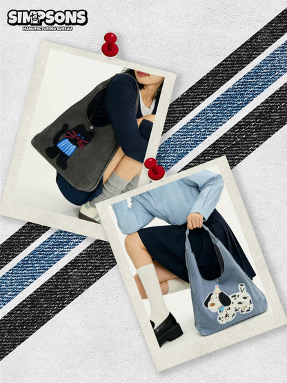 SIMP Spring/Summer Dark Denim Shoulder Bag with Cute Black Cat Design, Fun and Casual, Large Capacity Tote Bag