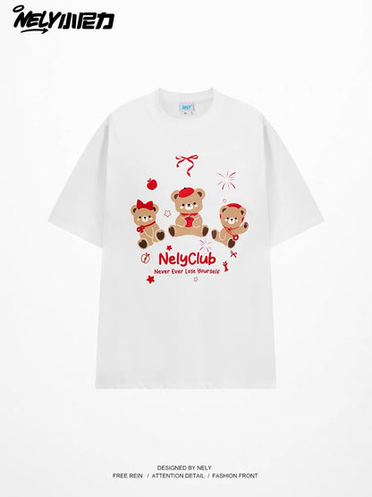 Unisex Loose-Fit Crew-Neck T-Shirt with Bow-Tie Bear Print – Versatile, Casual, Youthful Style