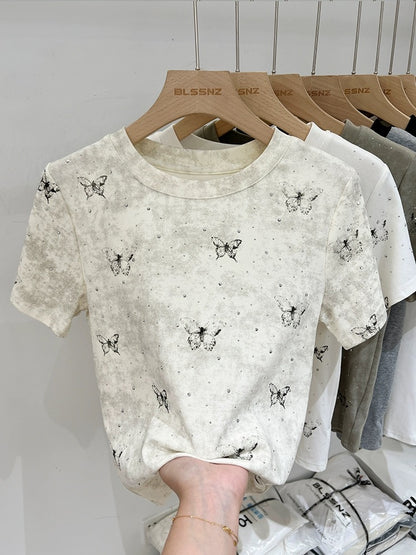 Butterfly print right shoulder short-sleeved T-shirt for women summer 2024 new design heavy industry hot diamond slim short top