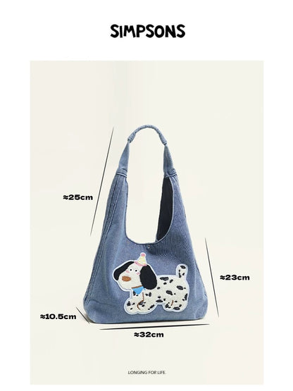 SIMP Spring/Summer Dark Denim Shoulder Bag with Cute Black Cat Design, Fun and Casual, Large Capacity Tote Bag