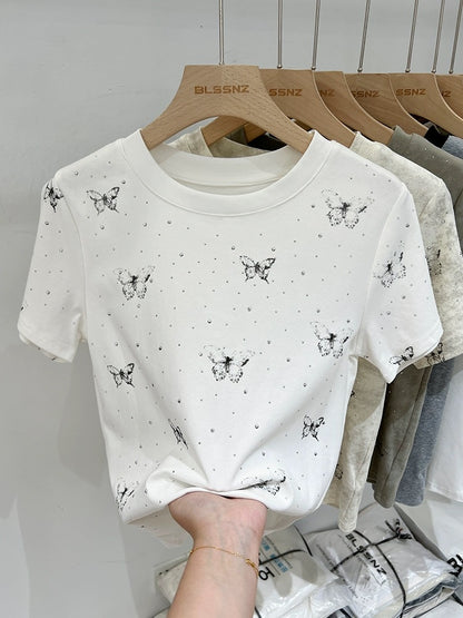 Butterfly print right shoulder short-sleeved T-shirt for women summer 2024 new design heavy industry hot diamond slim short top