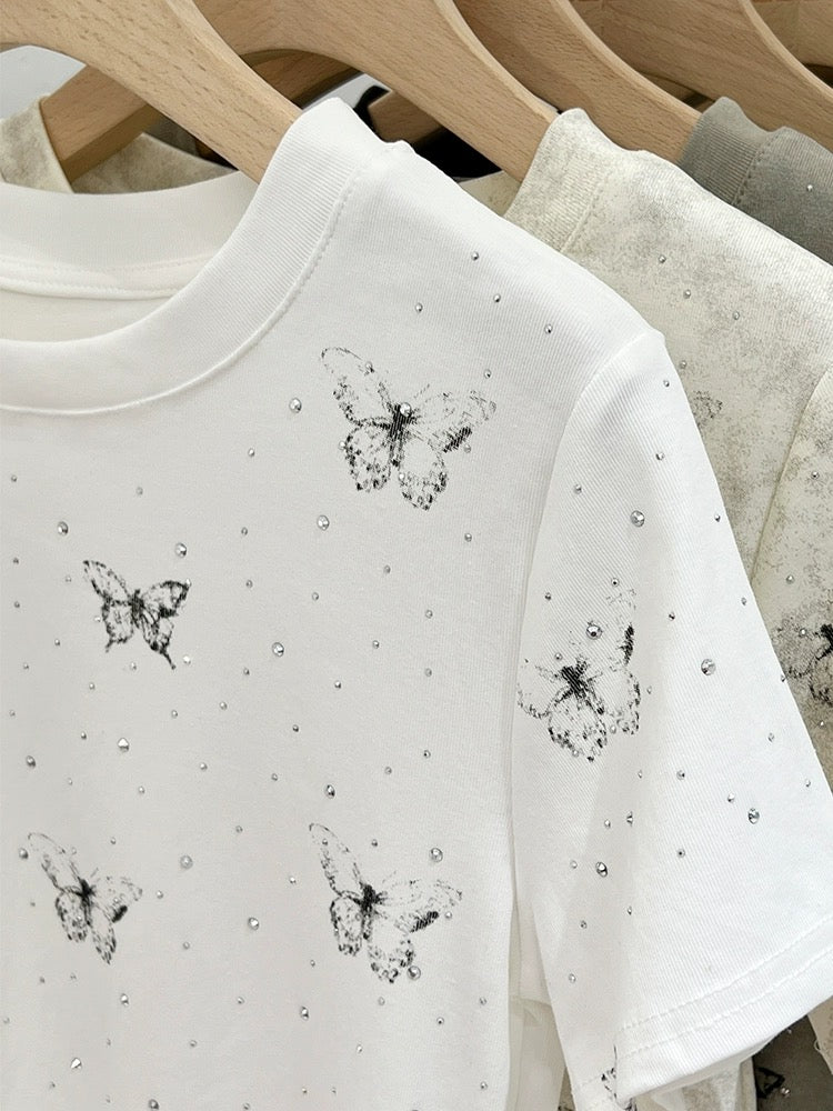 Butterfly print right shoulder short-sleeved T-shirt for women summer 2024 new design heavy industry hot diamond slim short top