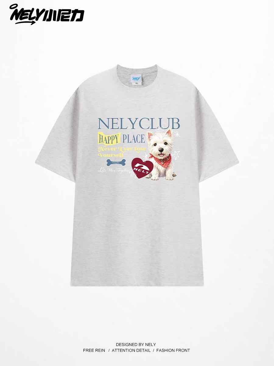 Westie Puppy Letter-Print Short-Sleeve T-Shirt – Unisex, Loose, Slimming, Versatile Casual Crew-Neck Top