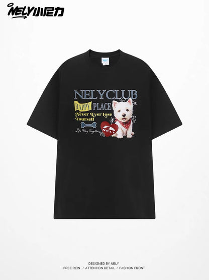 Westie Puppy Letter-Print Short-Sleeve T-Shirt – Unisex, Loose, Slimming, Versatile Casual Crew-Neck Top