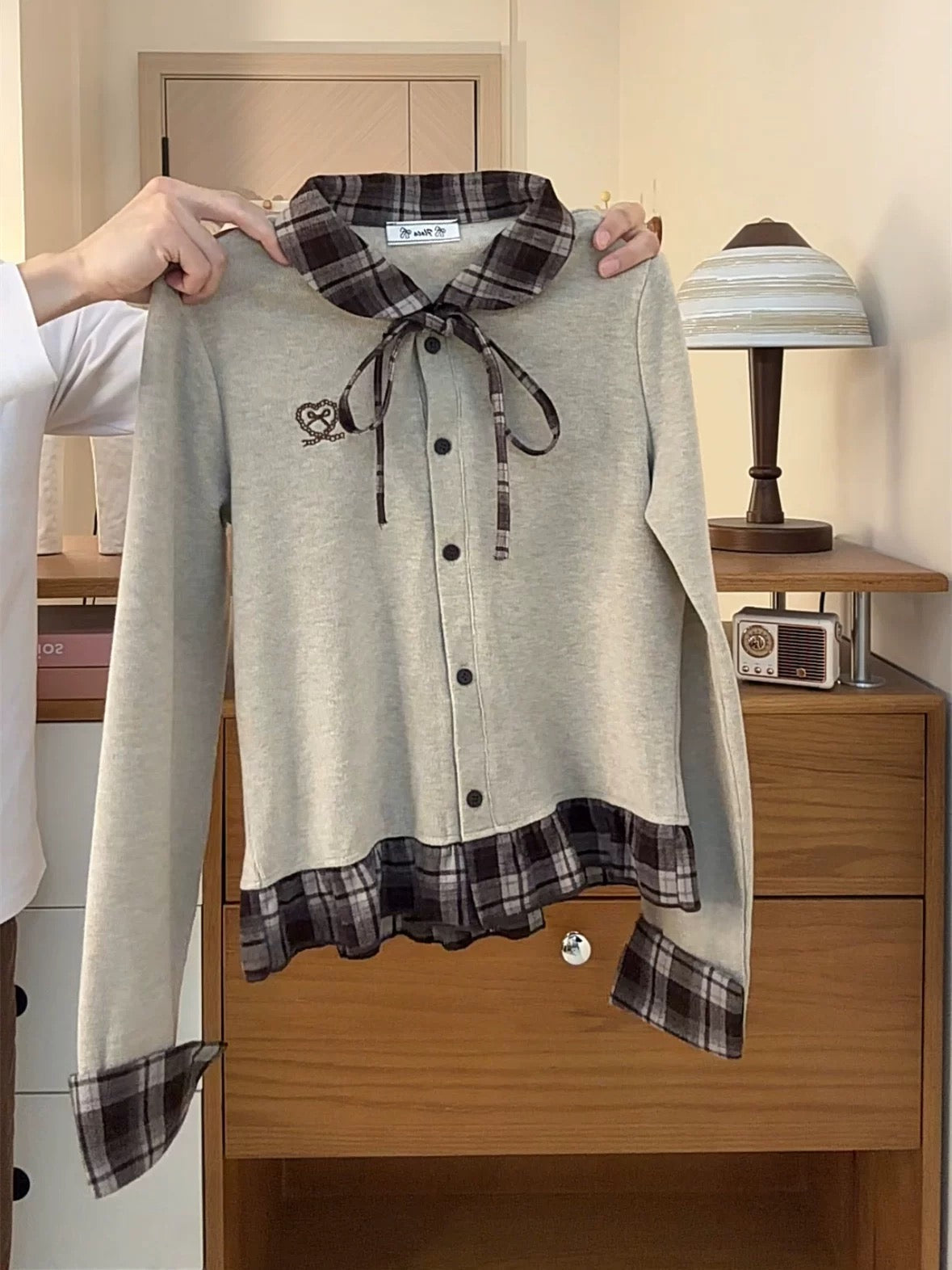 Korean style preppy plaid lapel tie-up fleece long-sleeved girly heart bow embroidered button cardigan jacket