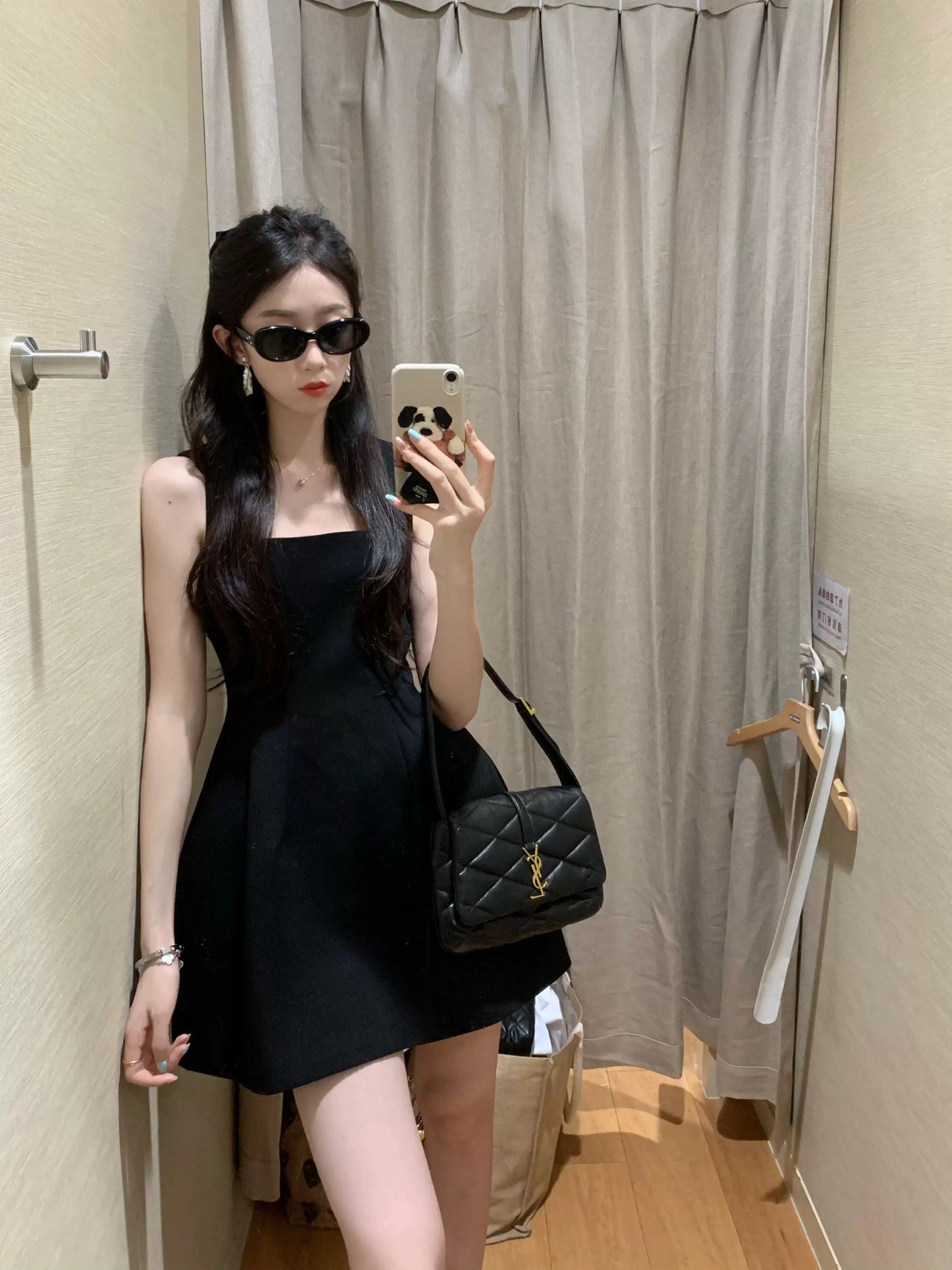 175 tall lengthened French Hepburn style black suspender dress female 180 super long waist slimming little black dress