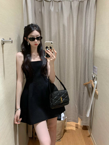 175 tall lengthened French Hepburn style black suspender dress female 180 super long waist slimming little black dress