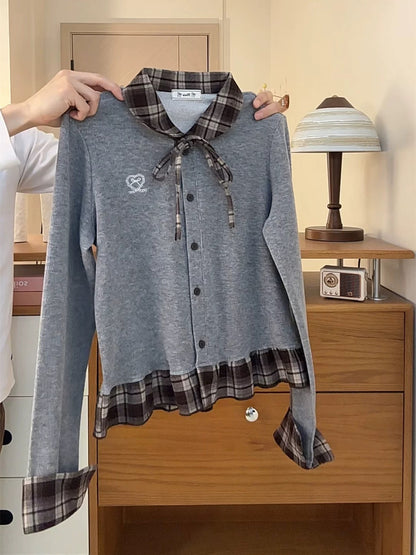 Korean style preppy plaid lapel tie-up fleece long-sleeved girly heart bow embroidered button cardigan jacket