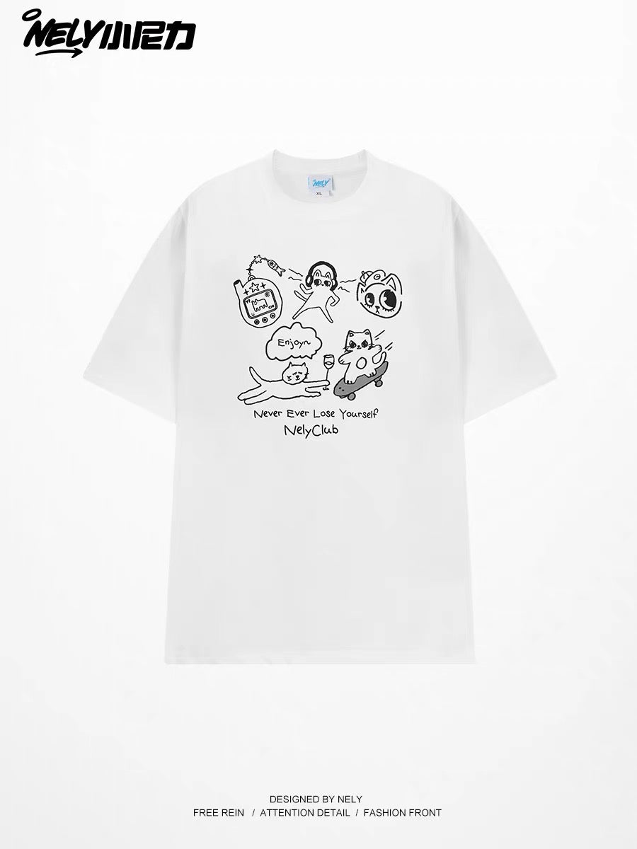 Unisex Loose-Fit Casual Crew-Neck T-Shirt with Playful Hand-Drawn Cat Cartoon Print